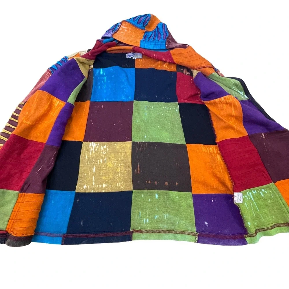 Happy Colors‎ Womens XL Jacket Hoodie Multicolor Patchwork Boho Hippy Distressed